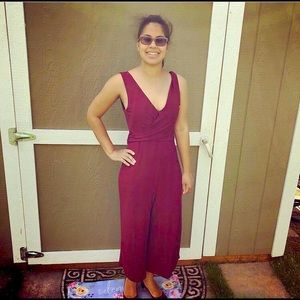Forever 21 Burgundy Wrap Deep V-Neck Maxi Jumpsuit